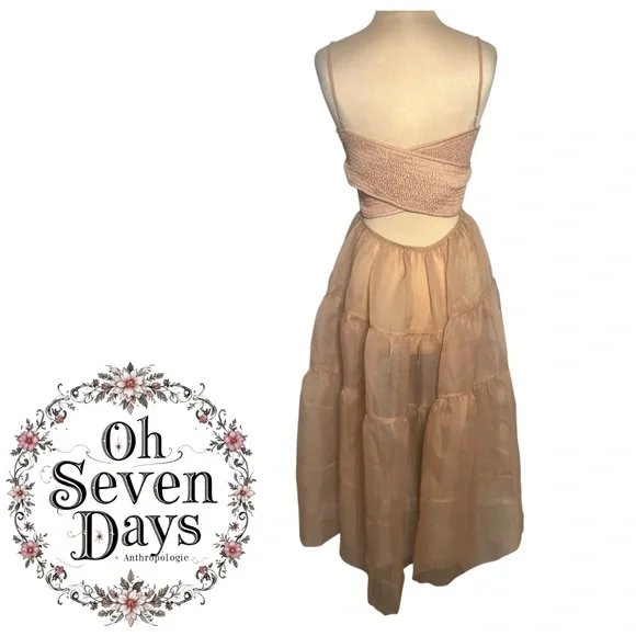 Anthropologie OhSevenDays Sheer Beige Tiered Midi Dress reversible Lucille Dress - Picture 4 of 10